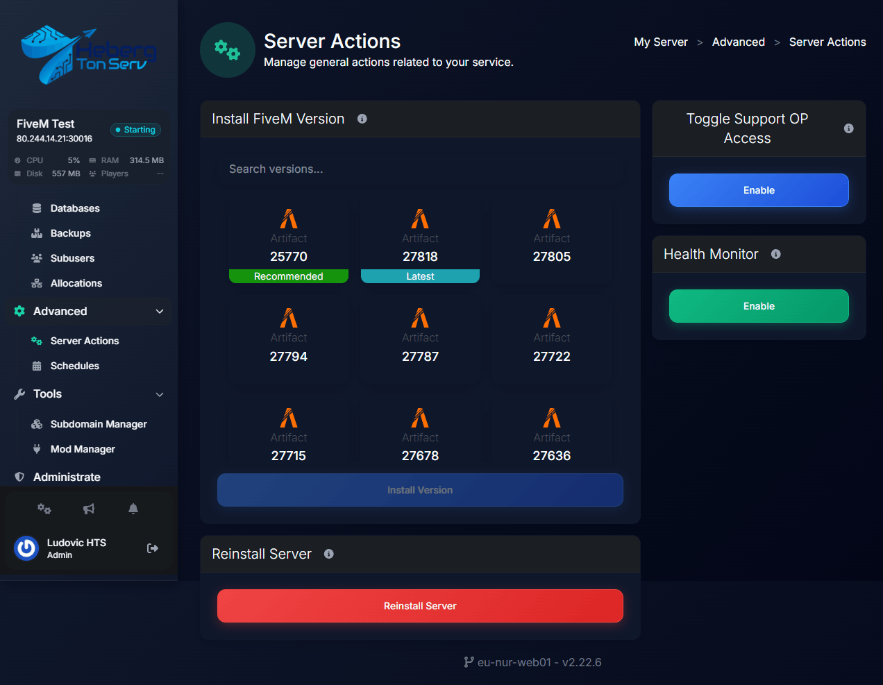 Server Actions page with version cards